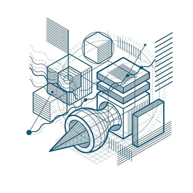 Vector vector background with abstract isometric lines and figures. template made with cubes, hexagons, squares, rectangles and different abstract elements.