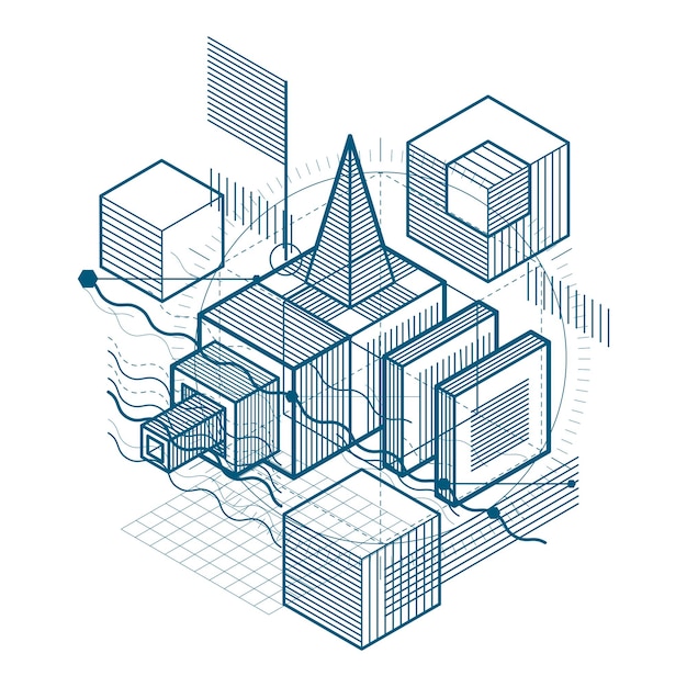 Vector vector background with abstract isometric lines and figures. template made with cubes, hexagons, squares, rectangles and different abstract elements.