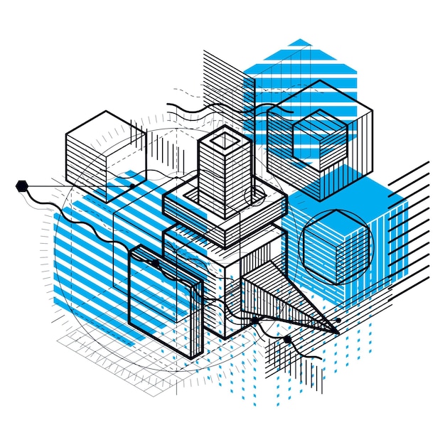 Vector vector background with abstract isometric lines and figures. template made with cubes, hexagons, squares, rectangles and different abstract elements.
