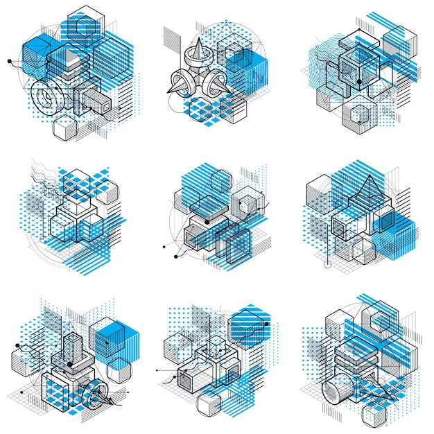 Vector vector backgrounds with abstract isometric lines and figures. templates made with cubes, hexagons, squares, rectangles and different abstract elements. vector set.