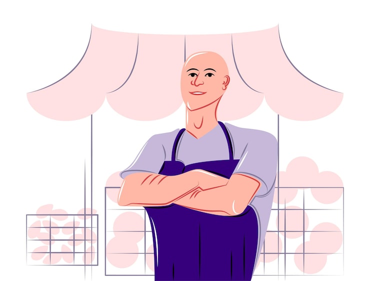 Vector bazaar trader in shadow of sharp lines style