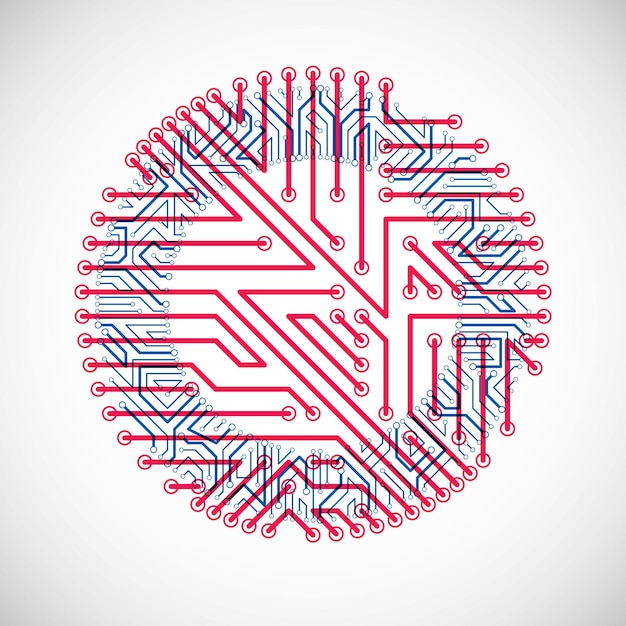 Vector vector circuit board circle, digital technologies abstraction. blue and red computer microprocessor scheme, futuristic design.
