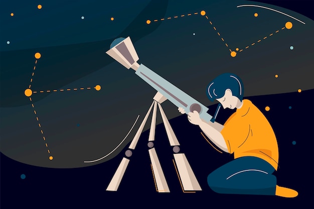 Vector vector concept illustration in flat style man with telescope in search of a star