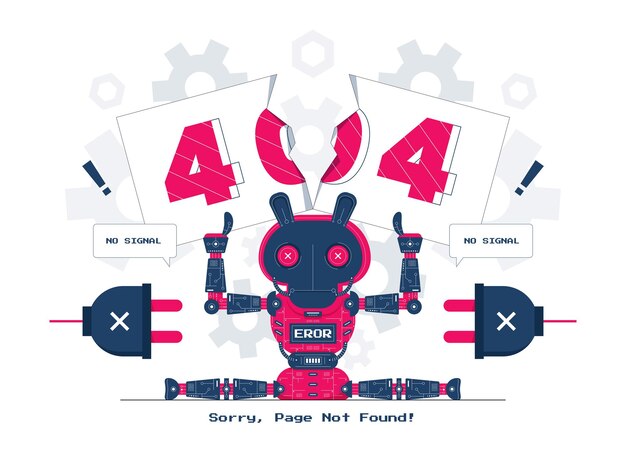 Vector vector concept illustration robot with page not found 404 error flat cartoon style