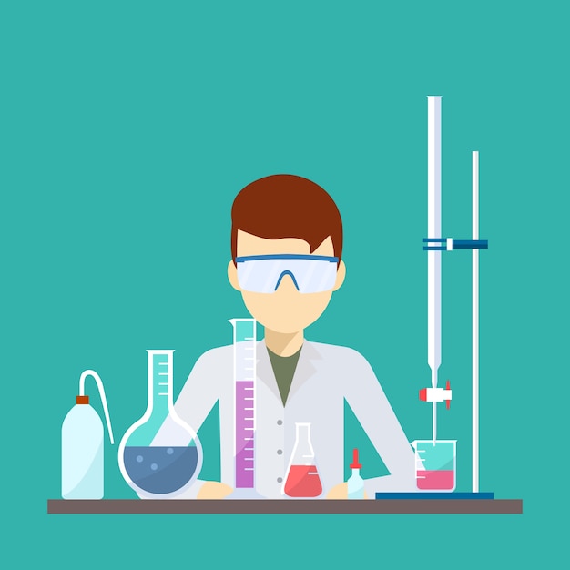 Vector vector design of scientist with chemical titration equipment.