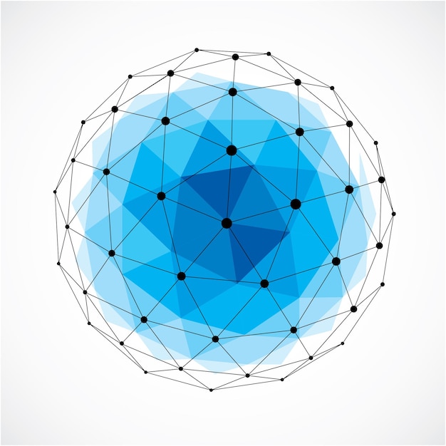 Vector vector dimensional wireframe low poly object, blue spherical shape with black grid. technology 3d mesh element made using triangular facets for use as design form in engineering.