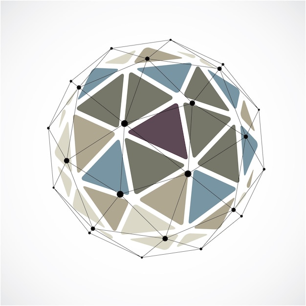 Vector vector dimensional wireframe low poly object, colorful spherical shape with black grid. technology 3d mesh element made using triangular facets for use as design form in engineering.