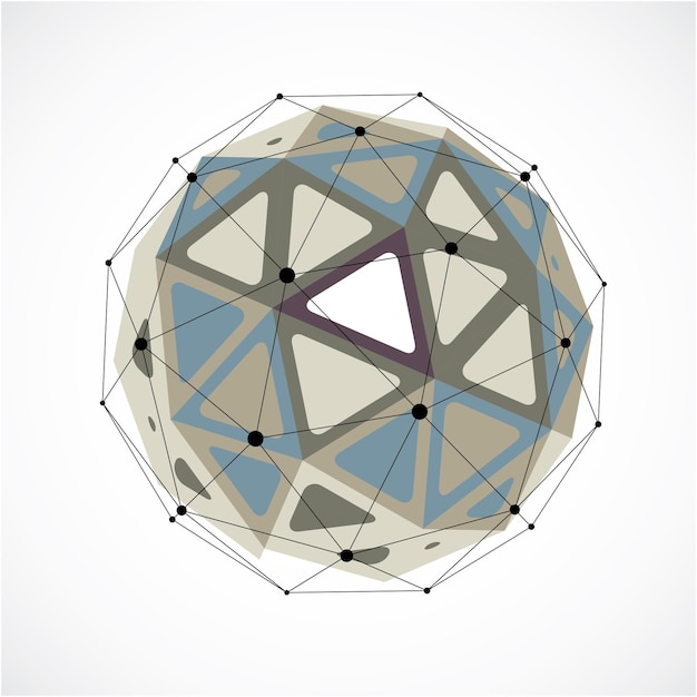 Vector vector dimensional wireframe low poly object, grayscale spherical shape with black grid. technology 3d mesh element made using triangular facets for use as design form in engineering.