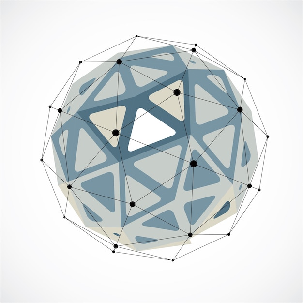Vector vector dimensional wireframe low poly object, grayscale spherical shape with black grid. technology 3d mesh element made using triangular facets for use as design form in engineering.
