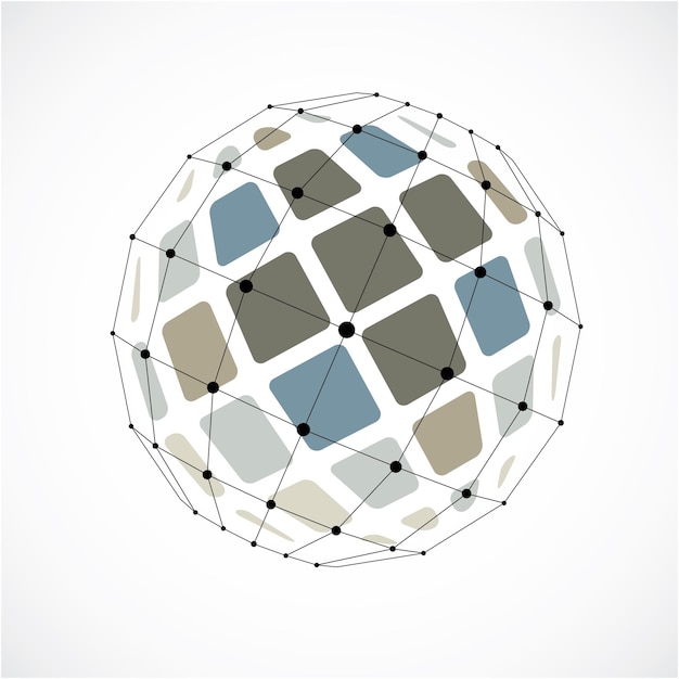 Vector vector dimensional wireframe low poly object, spherical colorful facet shape with black grid. technology 3d mesh element made using squares for use as design form in engineering.
