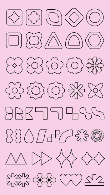 Vector vector elements pattern with geometric shapes on pink background geometric shapes include circles triangles and stars shapes create a geometric pattern black shapes vector element set