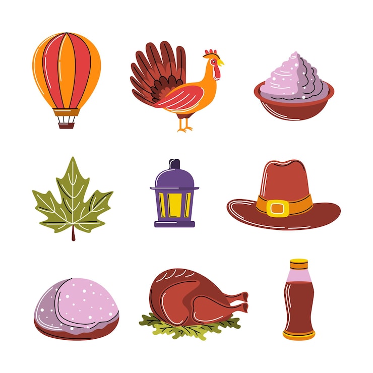 Vector vector hand drawn illustration set of thanksgiving elements for seasonal designs