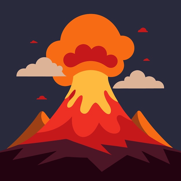 Vector vector illustrate a flat design of a volcanic mountain erupting with vibrant lava and ash clouds ris
