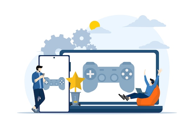 Vector vector illustration about the concept of play games with gadgets