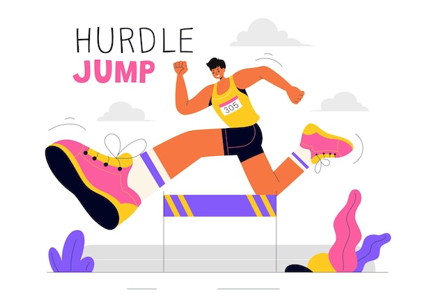 Vector vector illustration of an athlete running hurdles and performing a long jump in a sports competition with an obstacle race in a flat background