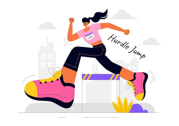 Vector vector illustration of an athlete running hurdles and performing a long jump in a sports competition with an obstacle race in a flat background
