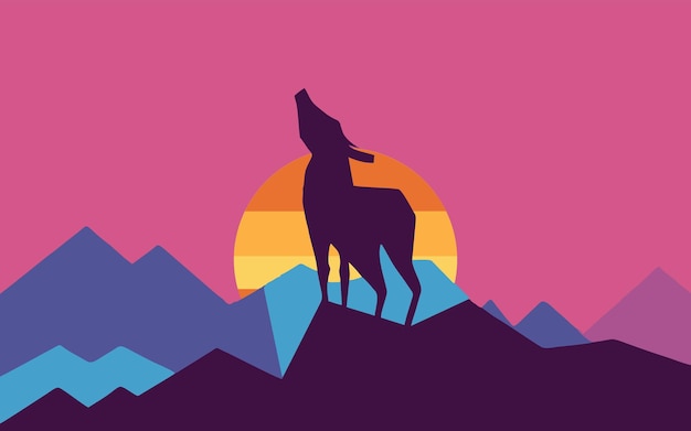 Vector vector illustration of a background with a nature concept with a wolf roaring on a hill