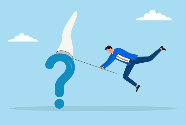 Vector vector illustration of a businessman using a net to catch a large question mark symbolizing problem solving seeking answers finding solutions and overcoming uncertainty
