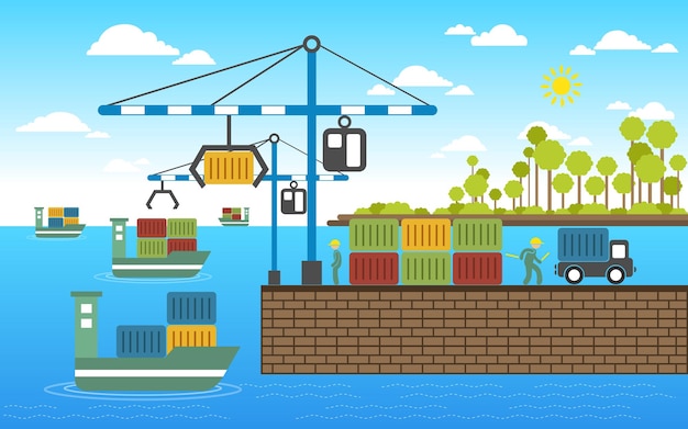 Vector vector illustration of cargo logistics activity at a port
