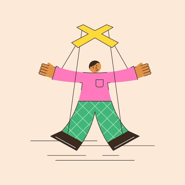 Vector vector illustration of the controlling function of management controlled employee as a puppet on ropes controlled by the boss an abstract scene of total control in a minimalistic flat style
