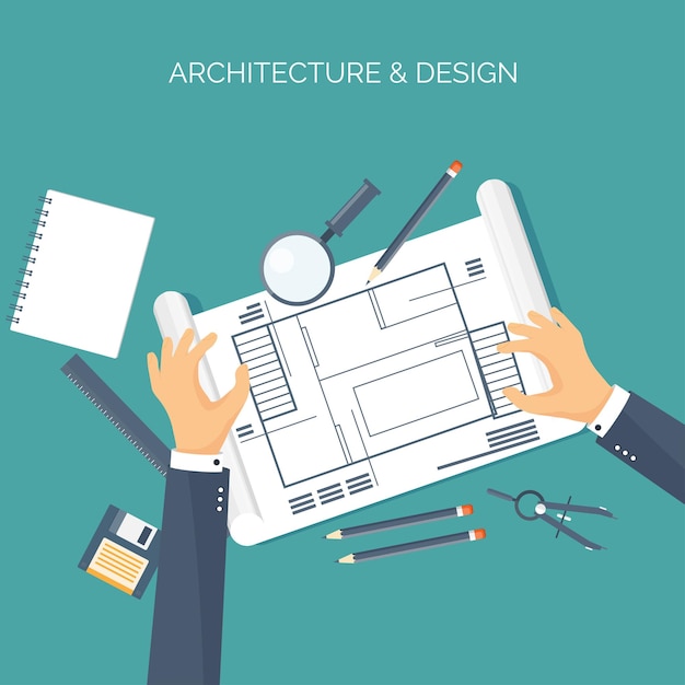 Vector vector illustration flat architectural project teamwork building and planning construction pencil