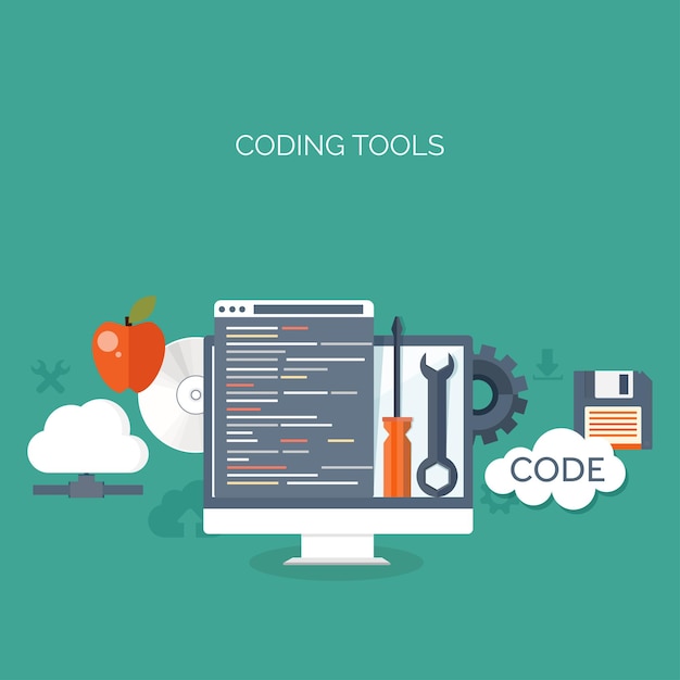 Vector vector illustration flat background coding programming and seo search engine optimization app