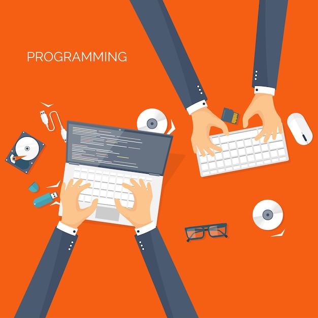 Vector vector illustration flat background coding programming and seo search engine optimization app