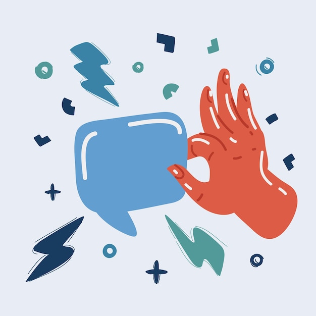 Vector vector illustration of hand holding blank speech bubble copy space