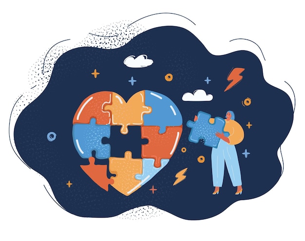 Vector vector illustration of illustration of woman put puzzle pieces of heart in right place