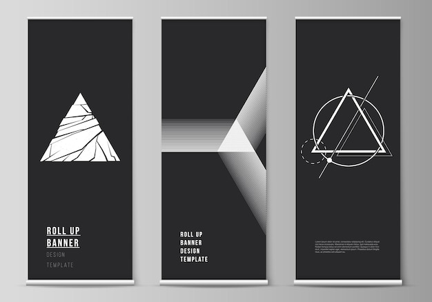 Vector the vector illustration layout of roll up banner stands, vertical flyers, flags design business templates. abstract geometric triangle design background using different triangular style patterns.
