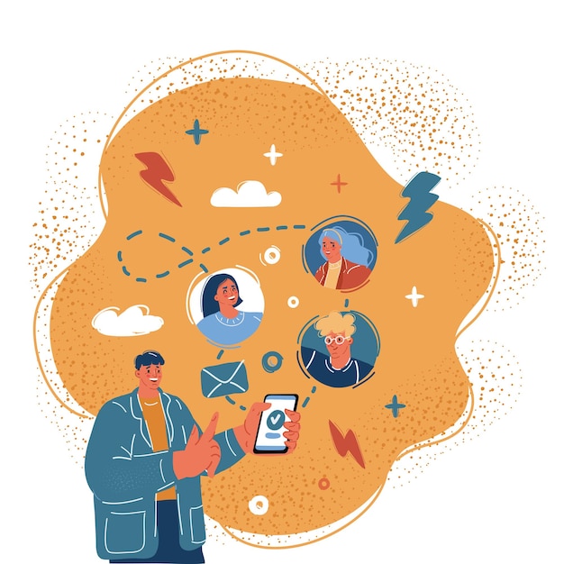 Vector vector illustration of man send message to friends with his smartphone