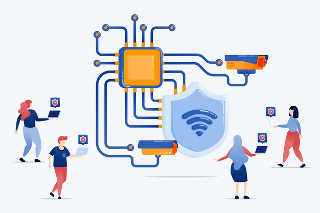 Vector vector illustration of people use network security systems on wifi based on chips and ai