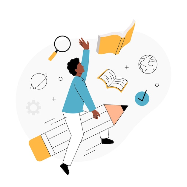 Vector vector illustration shows a person riding on a giant pencil