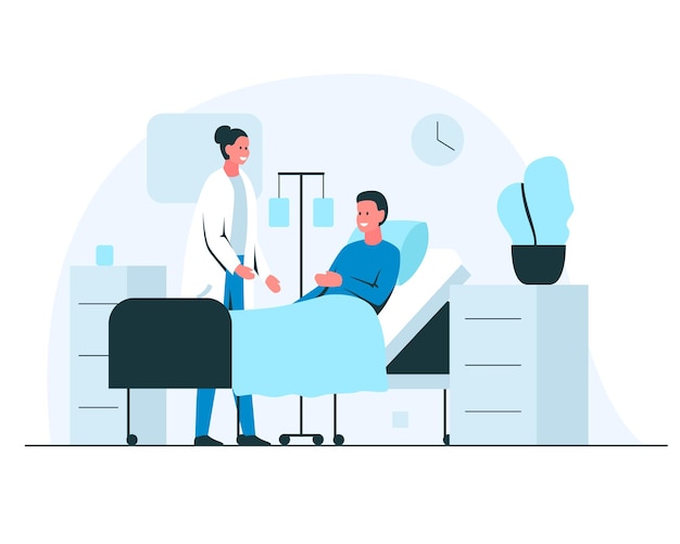 Vector vector illustration of smiling man lying in bed and recovering in hospital room interior