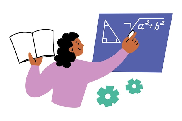 Vector vector illustration of a student or teacher writing geometric formulas and solving a math problem