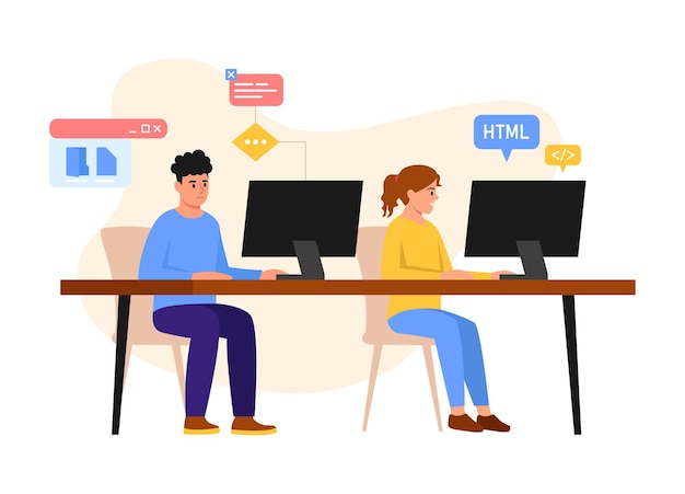 Vector vector illustration of talented programmerscartoon scene of programmers boy and girl sitting at a computer creating html code for displaying web pages sites programs isolated on white background