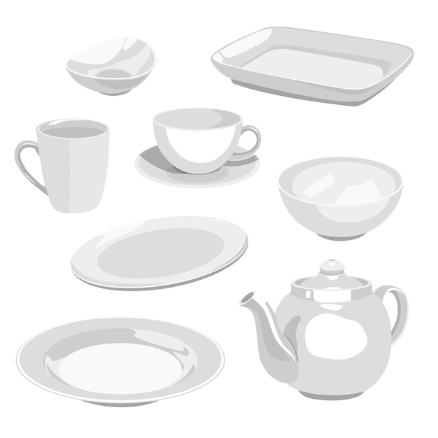 Vector vector illustration of various white ceramic tableware
