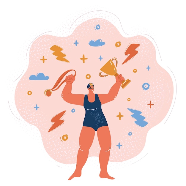 Vector vector illustration of woman swimmer cartoon character holding gold trophy award cup above head
