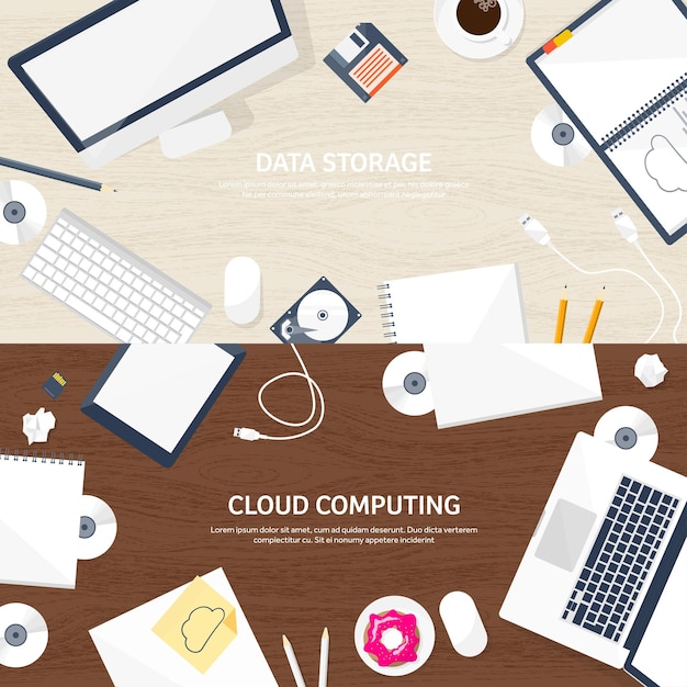 Vector vector illustration workplace table with documents computer flat cloud computing background media