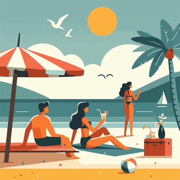 Vector vector image of people on holiday at the beach