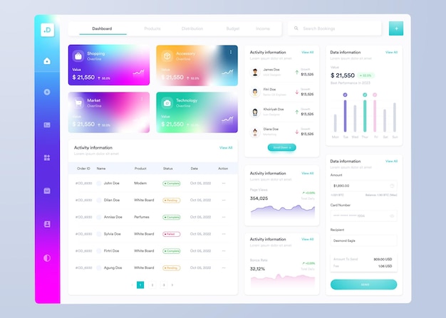 Vector vector infographic dashboard ui ux design with graphs charts and diagrams web interface template