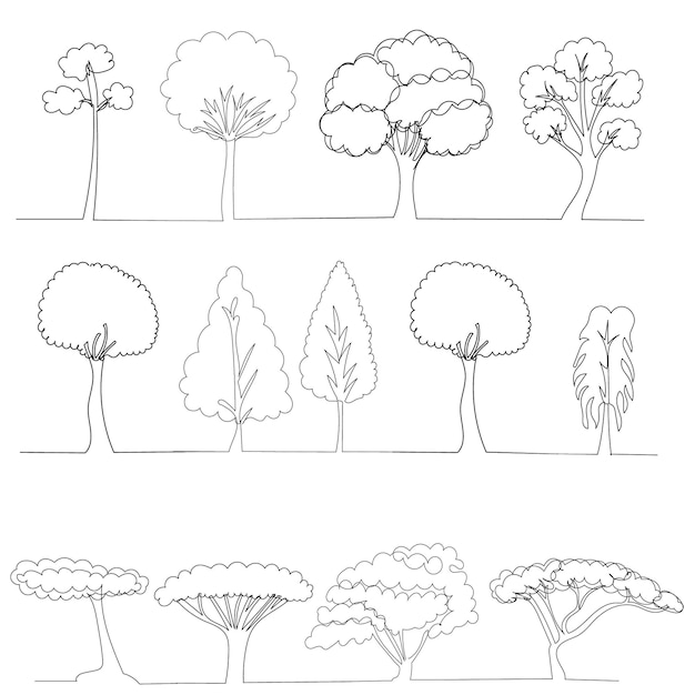 Vector vector isolated tree continuous line drawing set