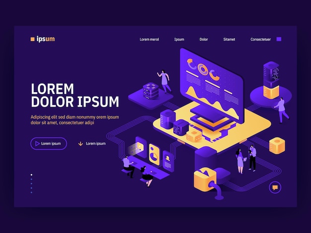 Vector vector landing page of isometric tech concept huge computer screen operator analyzes statistical data developer makes new product futuristic abstract office character illustration of banner