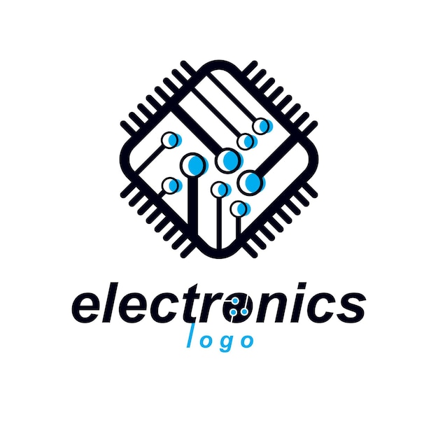 Vector vector microchip design, cpu. information communication technology element, circuit board in square shape. microprocessor scheme abstract logo.