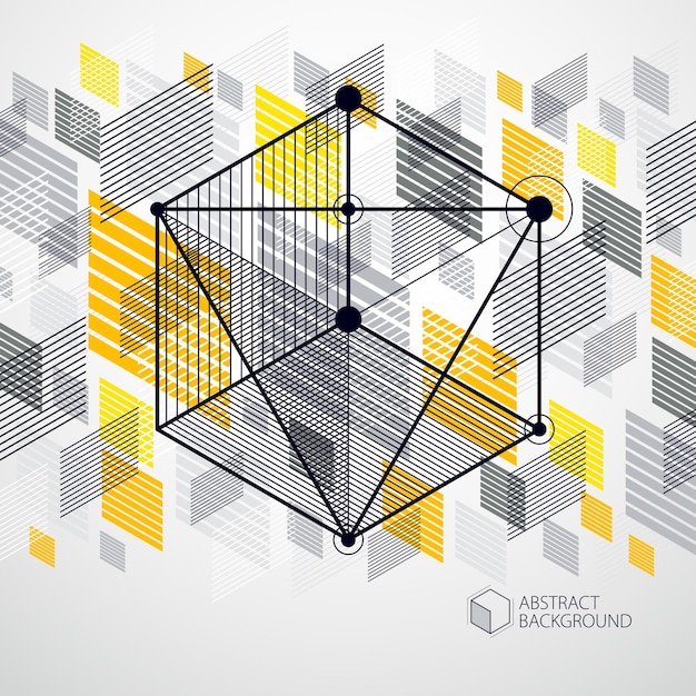 Vector vector of modern abstract cubic lattice lines yellow background. layout of cubes, hexagons, squares, rectangles and different abstract elements. abstract technical 3d background.