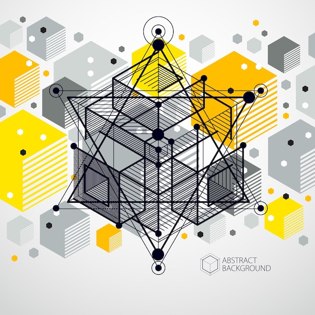 Vector vector of modern abstract cubic lattice lines yellow background. layout of cubes, hexagons, squares, rectangles and different abstract elements. abstract technical 3d background.