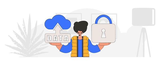 Vector vector modern character style of a man with a cloud storage and padlock.