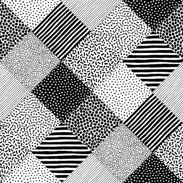 Vector vector patchwork pattern seamless hand drawn background checkered and dotted doodle graphic print square black white illustration