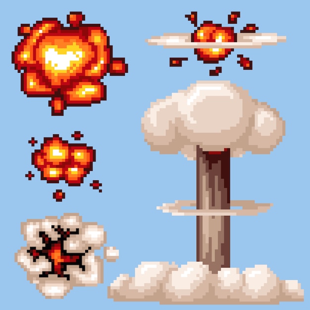 Vector vector pixel art nuclear explosion isolated