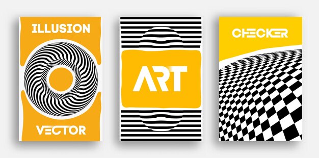 Vector vector poster set. psychedelic pattern background optical illusion vector. abstract 3d black and white lines background.